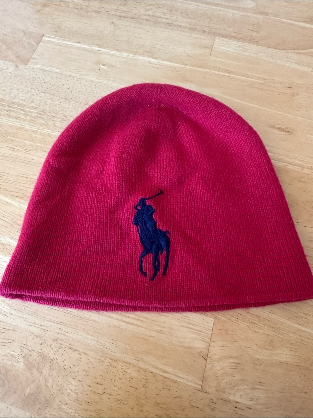 Ralph Lauren Polo Red Knit Beanie with Navy Pony Logo. 100% Merino Wool